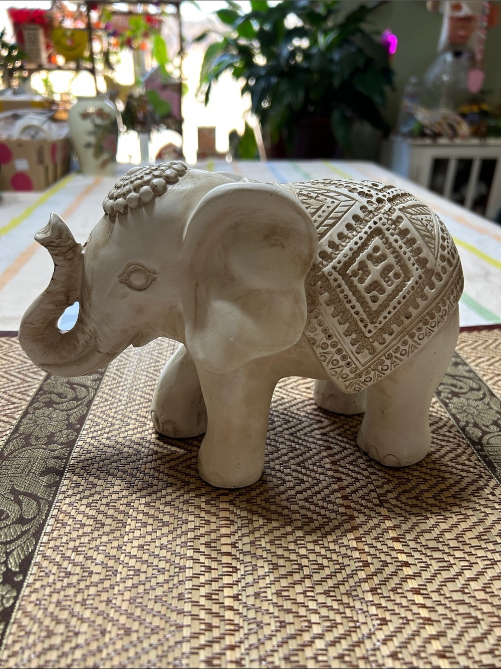 Decorative Elephant Figurine with Ornate Carved Pattern Blanket & Head Rustic